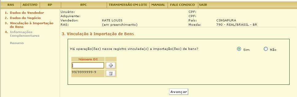 Para informar o Número DI, selecione sim para os casos em que as operações registradas estejam vinculadas à importação de bens.