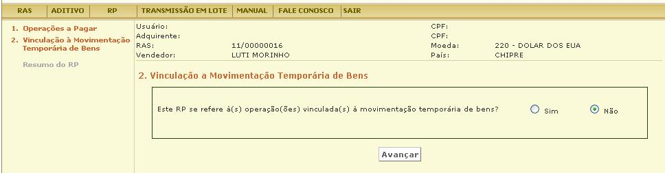 f) inserir o Número do Documento que comprove o pagamento ao residente ou domiciliado no exterior e acionar o botão Avançar.