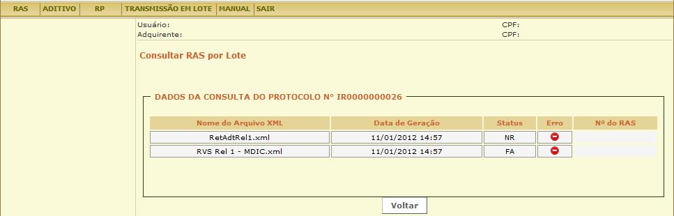 Protocolo, após clicar no botão apresentará a tela com os dados do lote informado.