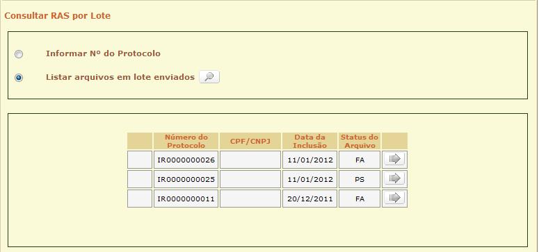 Na tela de consulta dos lotes enviados, o usuário poderá observar a