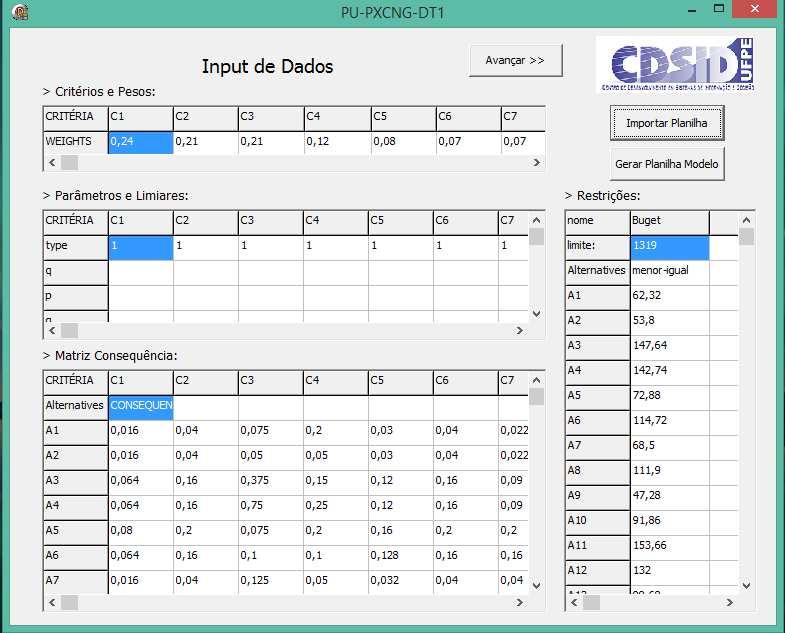 Imagem 1: Interface de Input de Dados do SAD Fonte: CDSID/UFPE, 2015. Posteriormente ao procedimento inicial de entrada dos dados, o SAD processará os cálculos do modelo com o método PROMETHEE V.