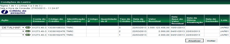 Lastros > Condições do Lastro Funções Títulos e Valores Mobiliários Menu Títulos e Valores Mobiliários > Consultas > Condições do Lastro Visão Geral Consulta disponível apenas para o instrumento