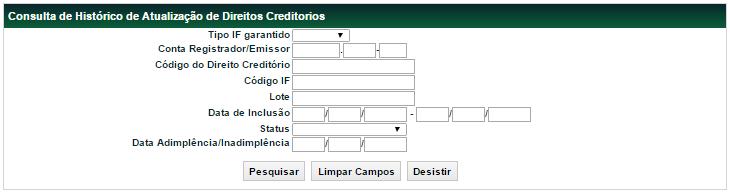 Diretos Creditórios > Histórico de Atualização de Diretos Creditórios Menu Títulos e Valores Mobiliários > Consultas > Direitos Creditórios > Histórico de Atualizações de Direitos Creditórios Visão