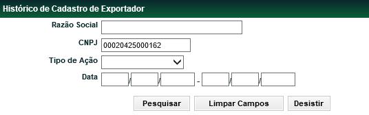 Histórico de Exportador Menu Títulos e Valores Mobiliários > Instrumento Financeiro > Cadastro de Exportador > Histórico de Exportador Esta função apresenta o histórico das ações efetuadas pelo