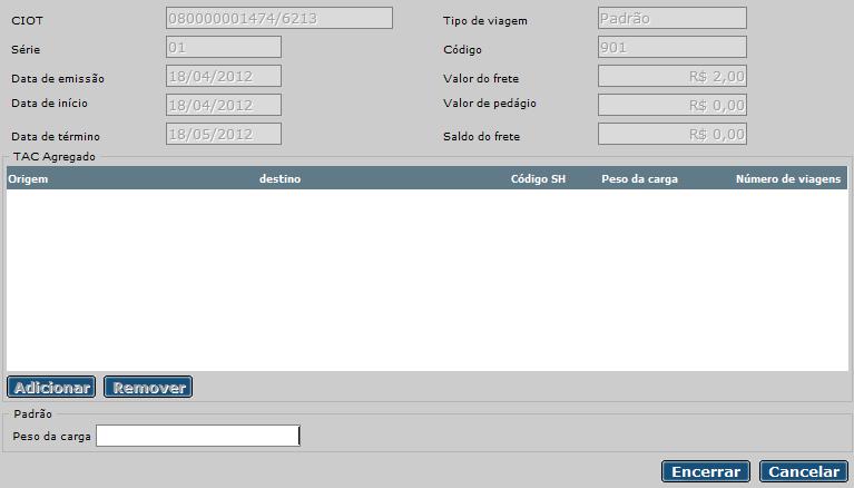 Se a viagem for do tipo padrão, o usuário poderá retificar o peso da carga.