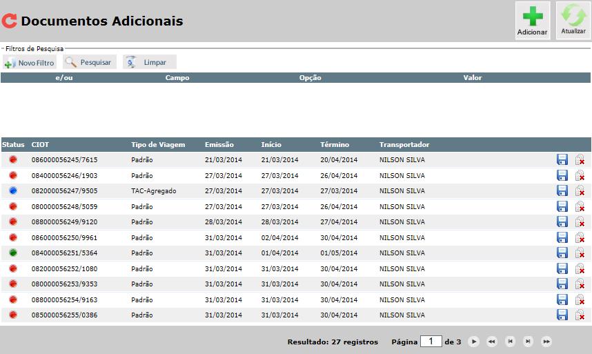 Para adicionar documentos às operações de transporte, selecione a operação de transporte, e clique em Adicionar.