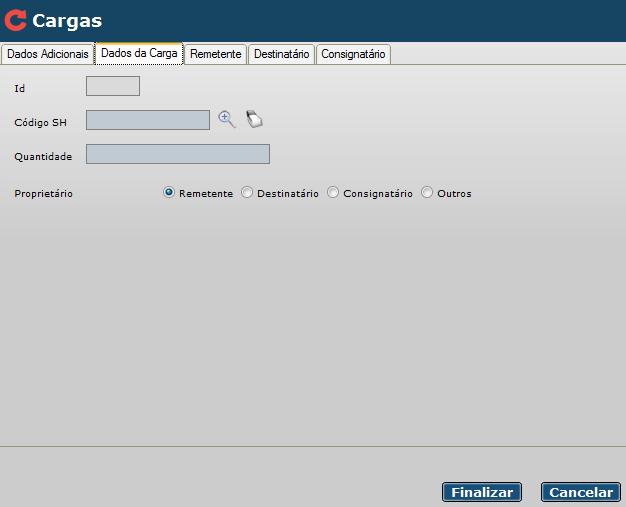 c) Remetente Para adicionar um Remetente, primeiramente selecione um dos tipos apresentados na tela, após preencha os dados requeridos e clique em Finalizar: Importante: Caso a Pessoa Física/Jurídica