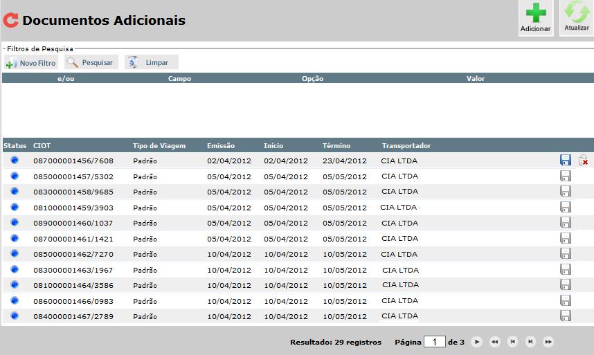 Para adicionar documentos às operações de transporte, selecione a operação de transporte, e clique em Adicionar.