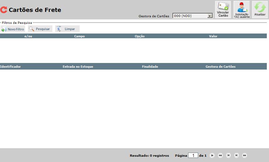 Neste grid serão visualizados todos os cartões de frete que estão livres para serem vinculados a um portador.