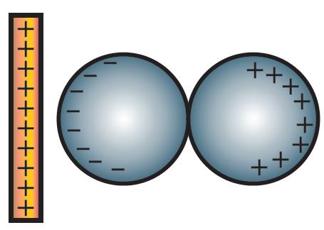 15. (Fuvest) Aproximando-se uma barra eletrizada de duas esferas condutoras, inicialmente descarregadas e encostadas uma na outra, observa-se a distribuição de cargas esquematizada na figura a seguir.