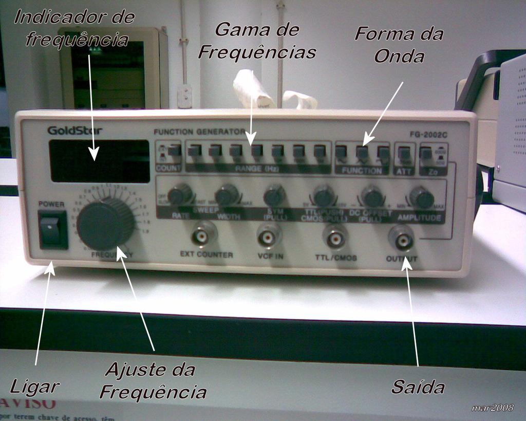 1.3. Gerador de sinais O gerador de sinais 4, Figura 8 e Figura 9, é o instrumento que nos permite gerar sinais em tensão contínuos, DC 5, ou variantes no tempo; sinais sinusoidais, triangulares,
