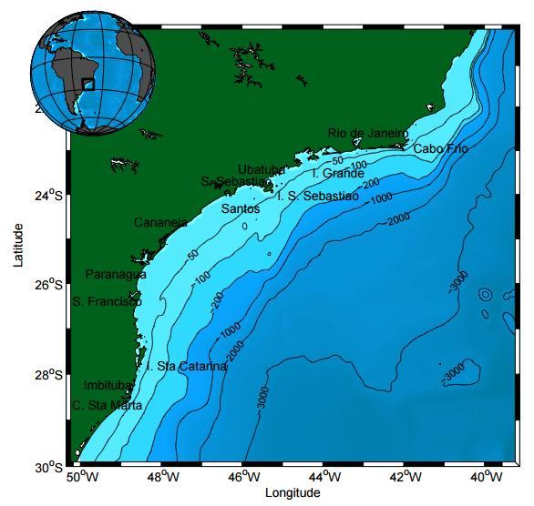 Figura 1: Modelo digital batimétrico da PCSE contendo toda a sua extensão e a área oceânica adjacente. Fonte: MAZZINI (2009).