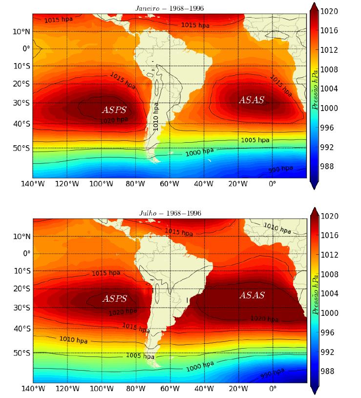 Figura 2: Pressão Atmosférica indicando o posicionamento do Anticiclone Subtropical do Pacífico Sul (ASPS) e o Anticiclone Subtropical do Atlântico Sul (ASAS).