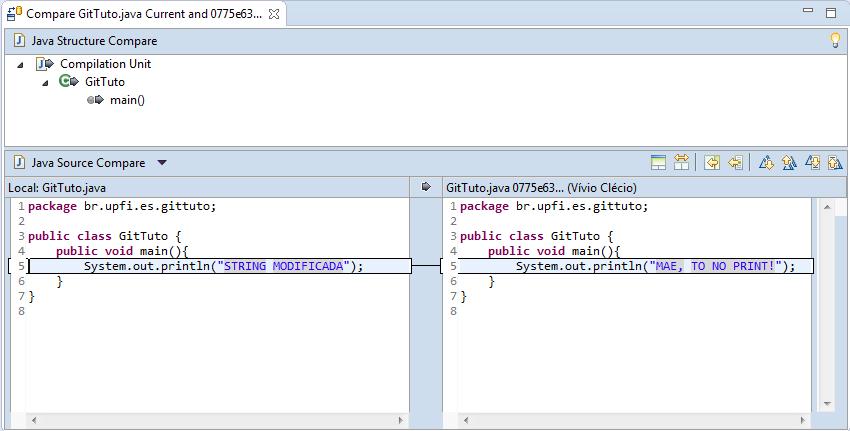 Clicando com o botão direito sobre um arquivo, você pode comparar o arquivo de um commit com o anterior, ou com o presente em seu workspace.