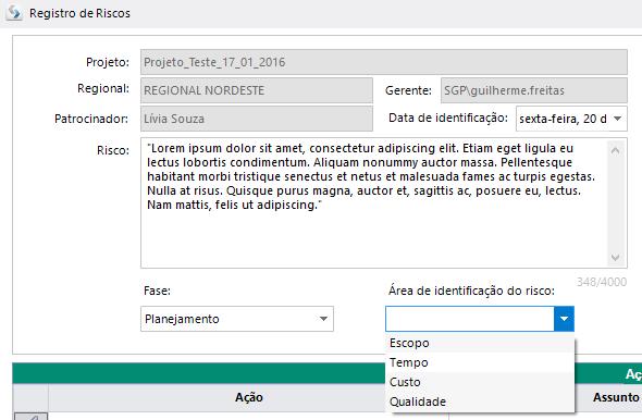 O campo Risco é aberto para digitação e os campos Fase e