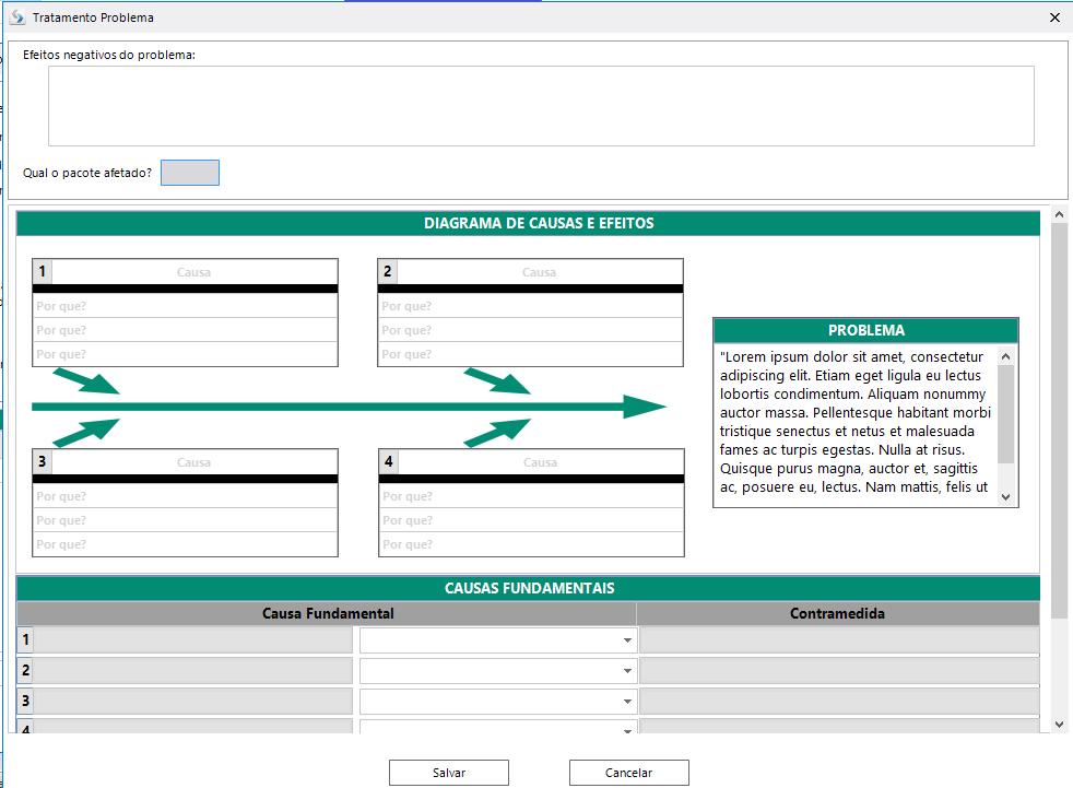 Problemas Parte I Ao clicar no ícone será aberto o formulário de Tratamento de Problema. No formulário, deve-se preencher os Efeitos Negativos do problema e selecionar os pacotes afetados.