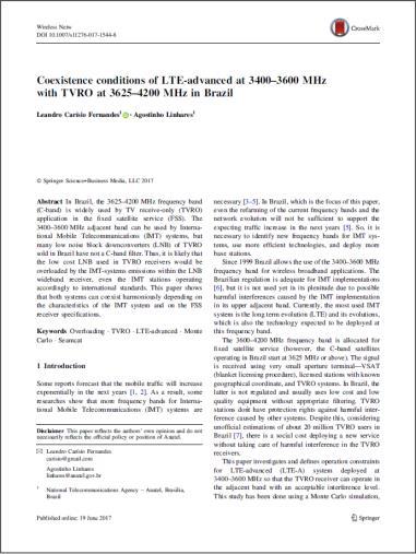 Coexistência do LTE-Advanced em 3400-3600 MHz com TVRO em 3625-4200 MHz no Brasil Coexistence conditions of LTE-advanced at 3400-3600 MHz with TVRO at 3625-4200 MHz in Brazil Journal: Wireless