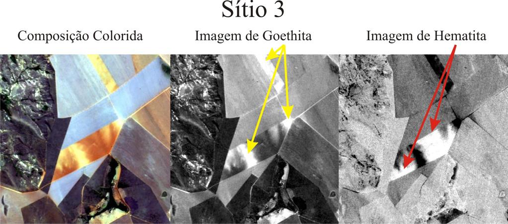 Figura 4 Espectros de hematita e goethita reamostrados para as bandas do AVNIR-2 do ALOS.