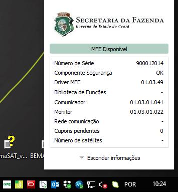 Após a instalaçã, sistema irá apresentar ícne d Mnitr na barra de tarefas: Cnecte SAT n equipament e aguarde a inicializaçã d mesm. Será apresentad ícne de cnexã, cm status MFE Dispnível : 3.