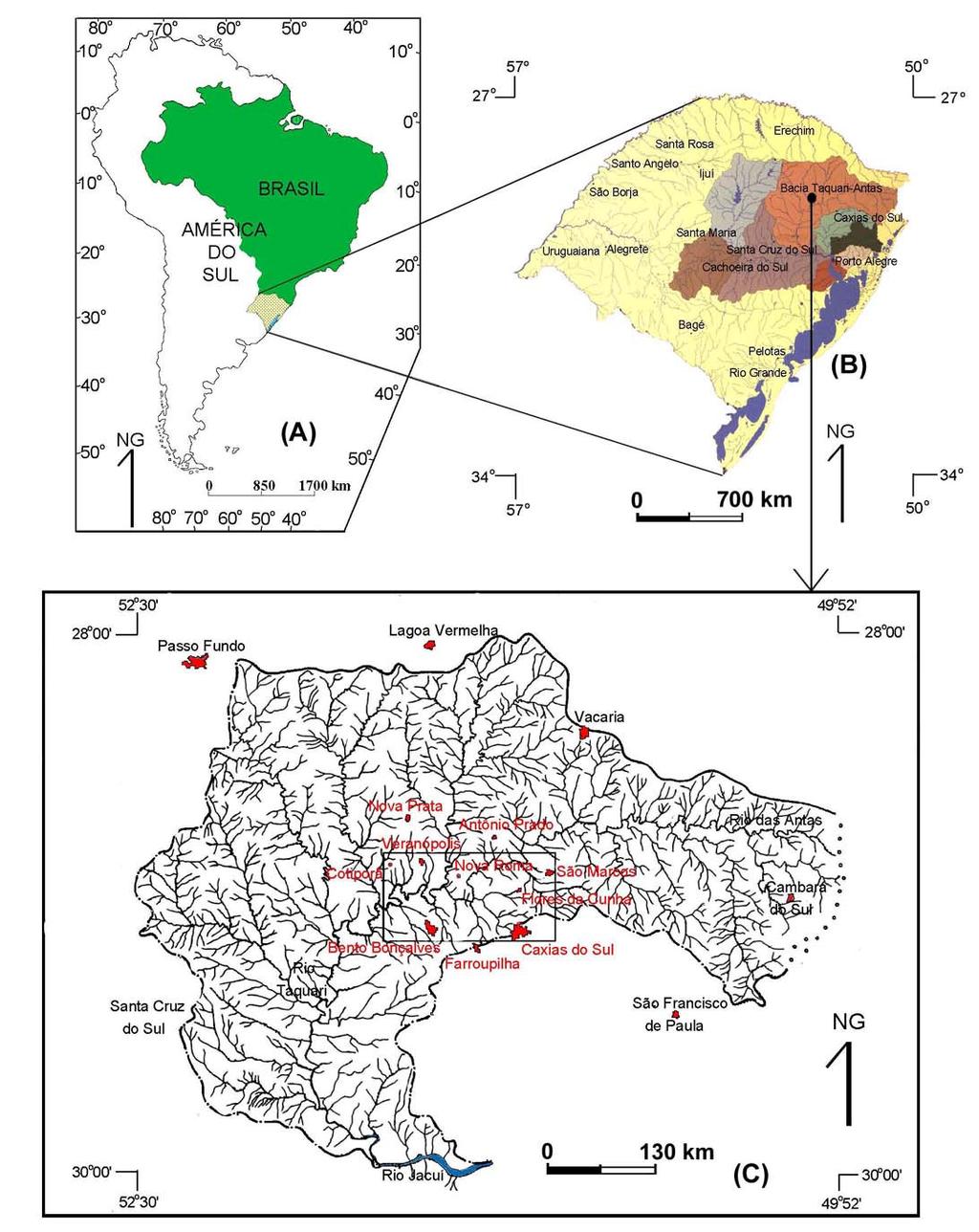 Figura 1 Localização da área de estudo. Segundo Reginato e Strieder (2006) a região é caracterizada por uma seqüência de rochas vulcânicas ácidas e básicas dispostas em nove derrames principais.