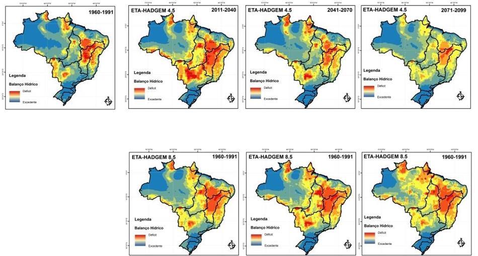 Balanço de água no Brasil Projeções climáticas regionais (IPCC-AR5) Clima médio (1961_1990), RCPs 4.5 e 8.5 (Futuro) Clima médio (1961-1990) Eta-HadGEM2-ES 2011-2040 2041-2070 2071-2100 RCP 4.5 RCP 4.
