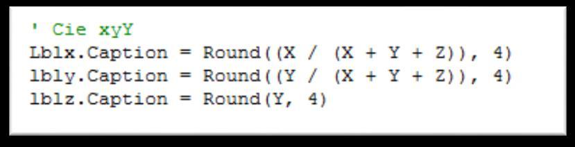 A função que faz isto no programa: CIEXYZ para Lab Dado o vetor da componente CIEXYZ, a componente Lab é calculada como: Onde : (X,Y,Z) = componentes da cor no espaço CIE XYZ (X r,y r,z r )=