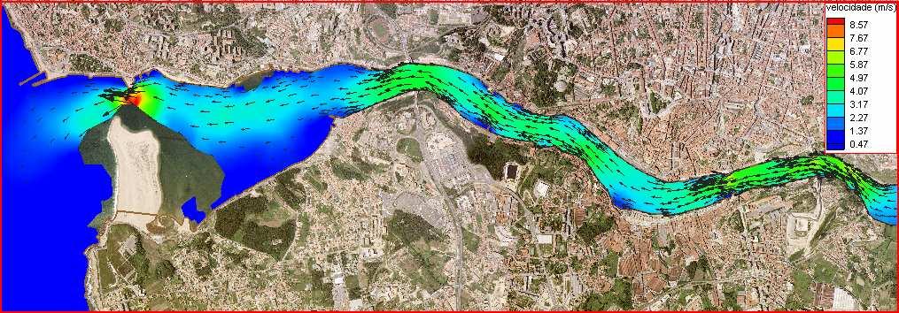 velocidades de corrente junto à ponte da Arrábida (a.8 km da embocadura do rio) e perto da ponte do Infante (a 6.