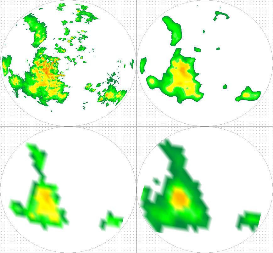 Figura 6: Em cima à esquerda: Imagem de Radar não filtrado, em cima à direta, radar somente filtrado, em baixo à esquerda radar filtrado e com resolução reduzida e em baixo à direita: imagem de