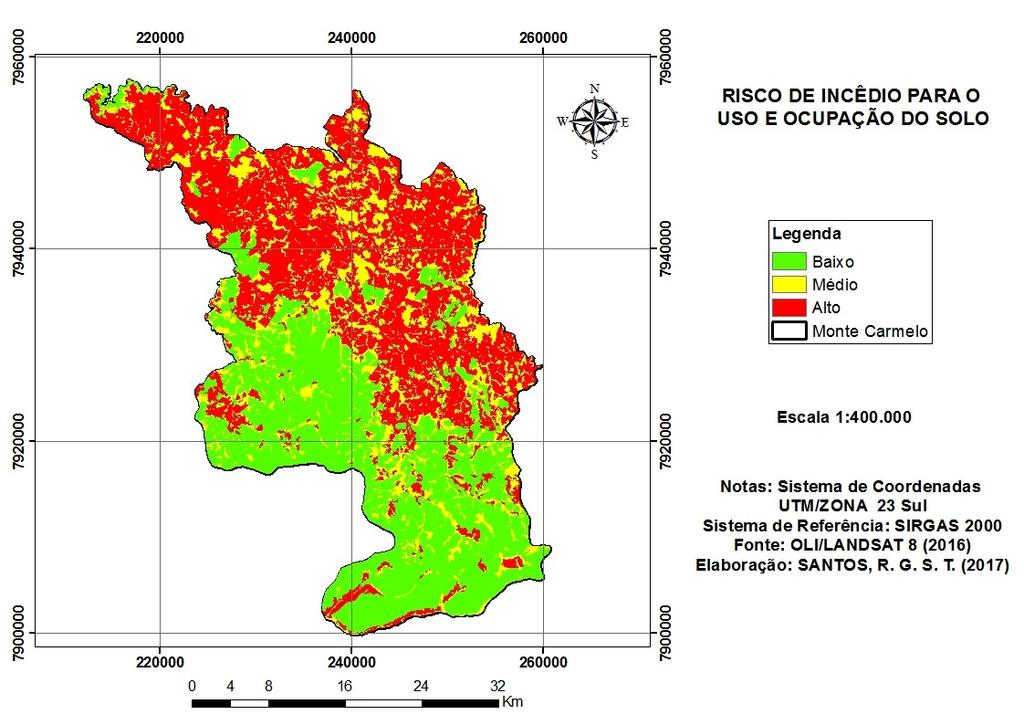 44 Mapa 14 - Risco de Incêndio para o uso e ocupação do solo A Tabela 7, mostra a porcentagem das áreas dos níveis de risco de incêndio para o fator de uso e ocupação do solo.