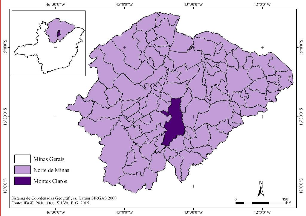 Mapa 01: Localização da área de estudo. O município de Montes Claros está situado na Bacia do Alto Médio São Francisco ao Norte do Estado de Minas Gerais possuindo uma área territorial de 3.