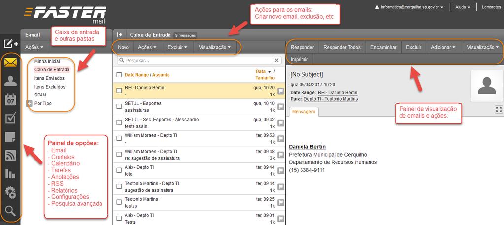 Tela inicial do FasterMail Depois de fazer login com êxito, sua caixa de entrada de emails será exibida.