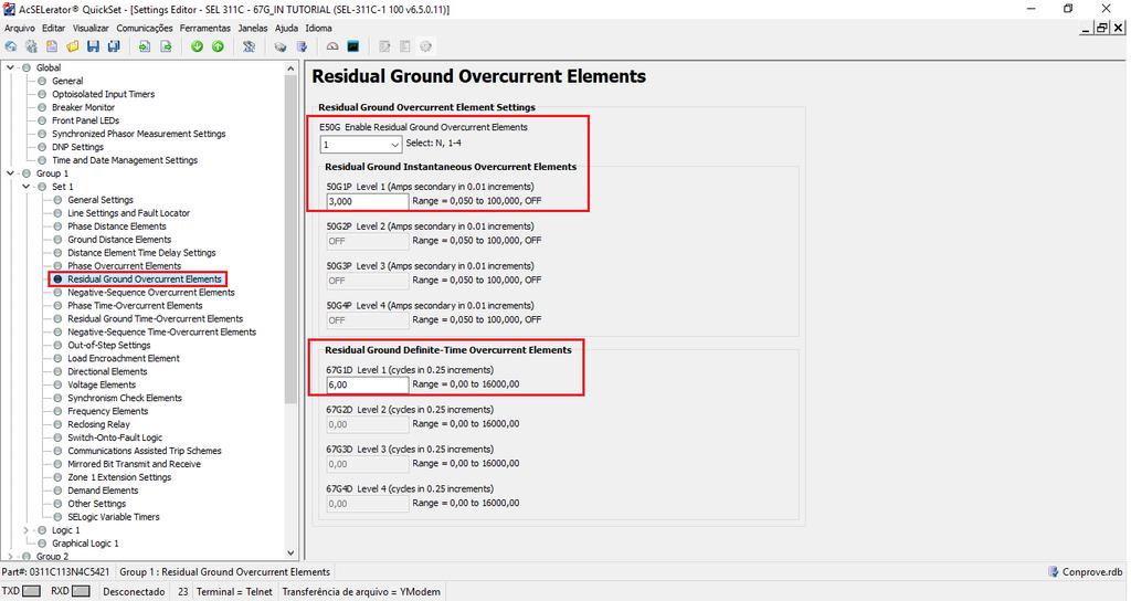 3.3. Residual Ground Overcurrent Elements Clique em Residual Ground Overcurrent Elements e ajuste um elementos. Configure o valor de pick-up e tempo de operação desse elemento. 3.4.