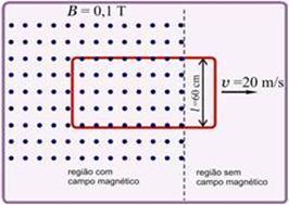 17 - (OURO PRETO) Uma espira metálica é deslocada para a direita, com velocidade constante v = 10 m/s, em um campo magnético uniforme B = 0,20 Wb/m2.