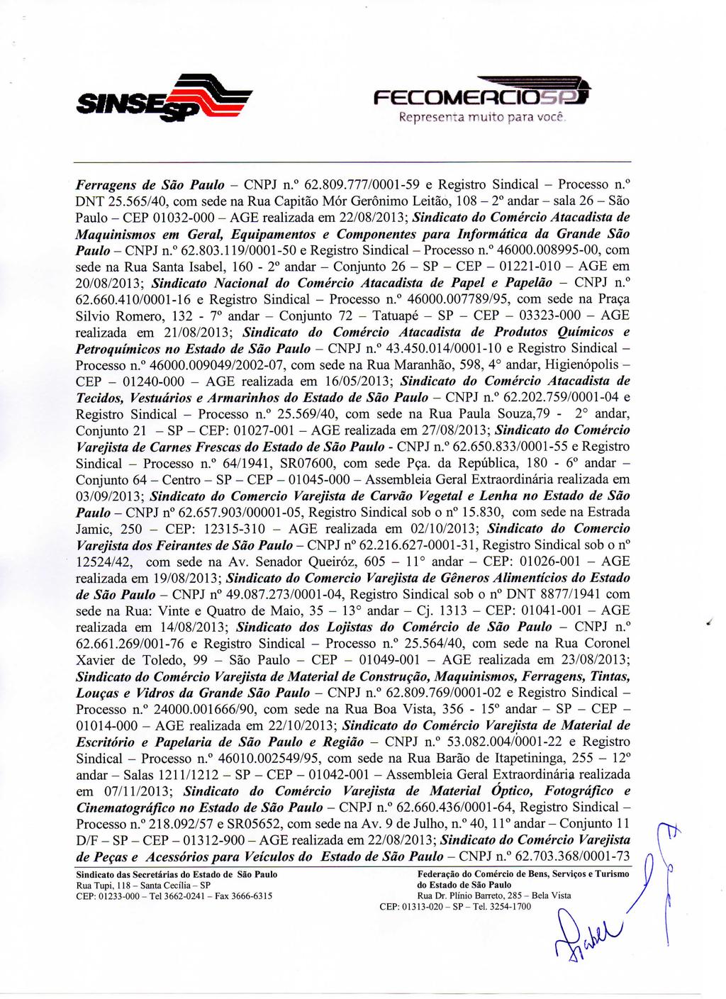 Ferragens de São Paulo - CNPJ n." 62.809.777/0001-59 e Registro Sindical - Processo n.^ DNT 25.