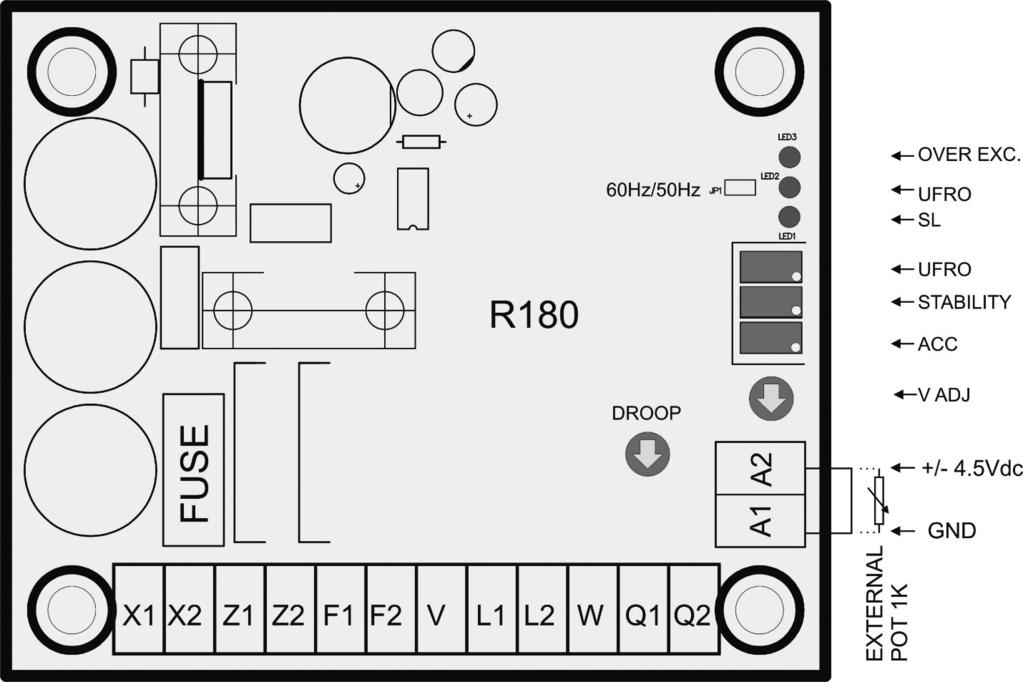 2 - DEFINIÇÕES DO AVR Ligação de seleção UFRO Aberta - Modo de funcionamento 60 Hz. Fechada - Modo de funcionamento 50 Hz. Potenciómetro UFRO 45 Hz a 55 Hz no modo 50 Hz. 55 Hz a 65 Hz no modo 60 Hz.