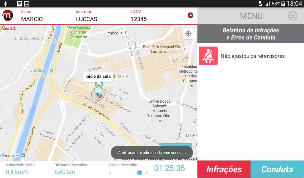 infração que o instrutor deseja registrar.