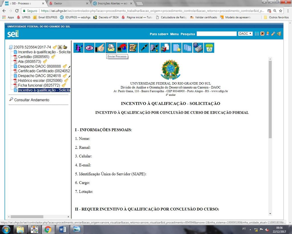 4.5 Ainda na mesma tela, clique em Anexar Arquivo e insira seu certificado previamente salvo no seu computador, em seguida, em confirmar dados. Pronto! Seu comprovante estará anexado ao processo! 5.