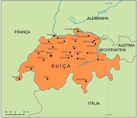 Dados Básicos Localizada no centro da Europa, a Suíça faz fronteiras com Alemanha, França, Itália, Áustria e Liechtenstein.