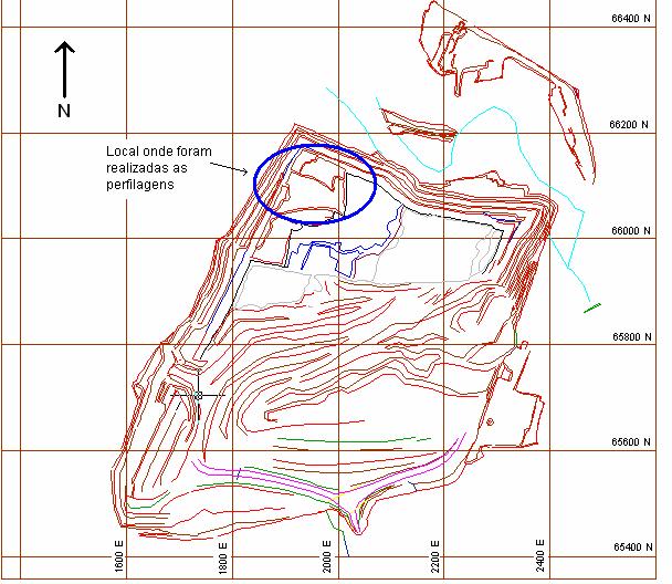 2 Topografia da mina com indicação da área perfilada no bloco em operação. (planta de 11/2003).