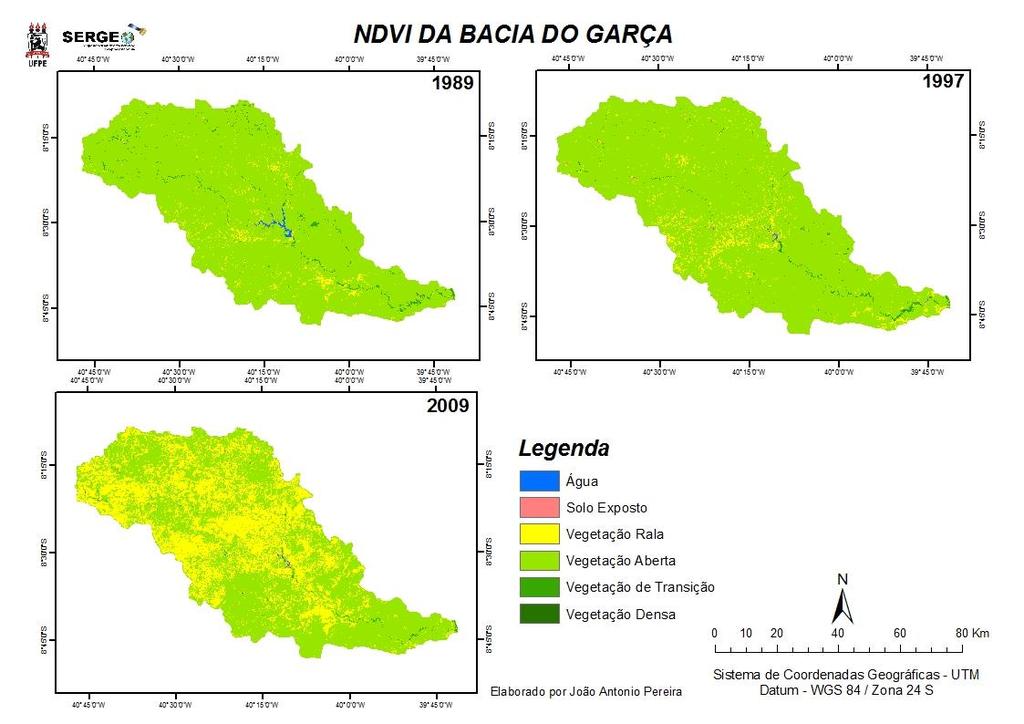 Figura 2: NDVI da bacia do Rio Garças para setembro de 1989, 1997 e 2009.