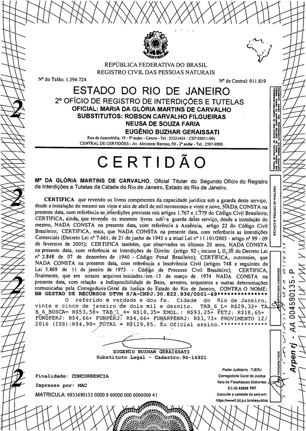 REPÚBLICA FEDERATIVA DO BRASIL REGISTRO CIVIL DAS PESSOAS NATURAIS N do Talão: 1.394.724 N da Central: 011.