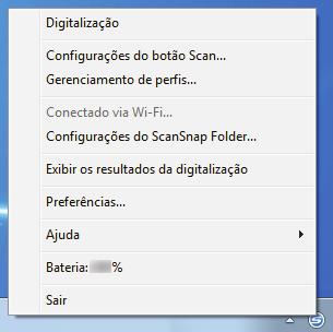 Menu do botão direito Menu do botão direito Este menu aparece ao clicar duas vezes no ícone do ScanSnap Manager notificação localizada na extrema direita da barra de tarefas.