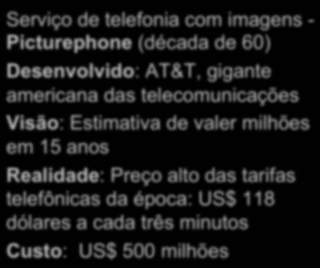 Exemplo: Avaliando Oportunidades Serviço de telefonia com imagens - Picturephone (década de 60) Desenvolvido: AT&T, gigante americana das telecomunicações