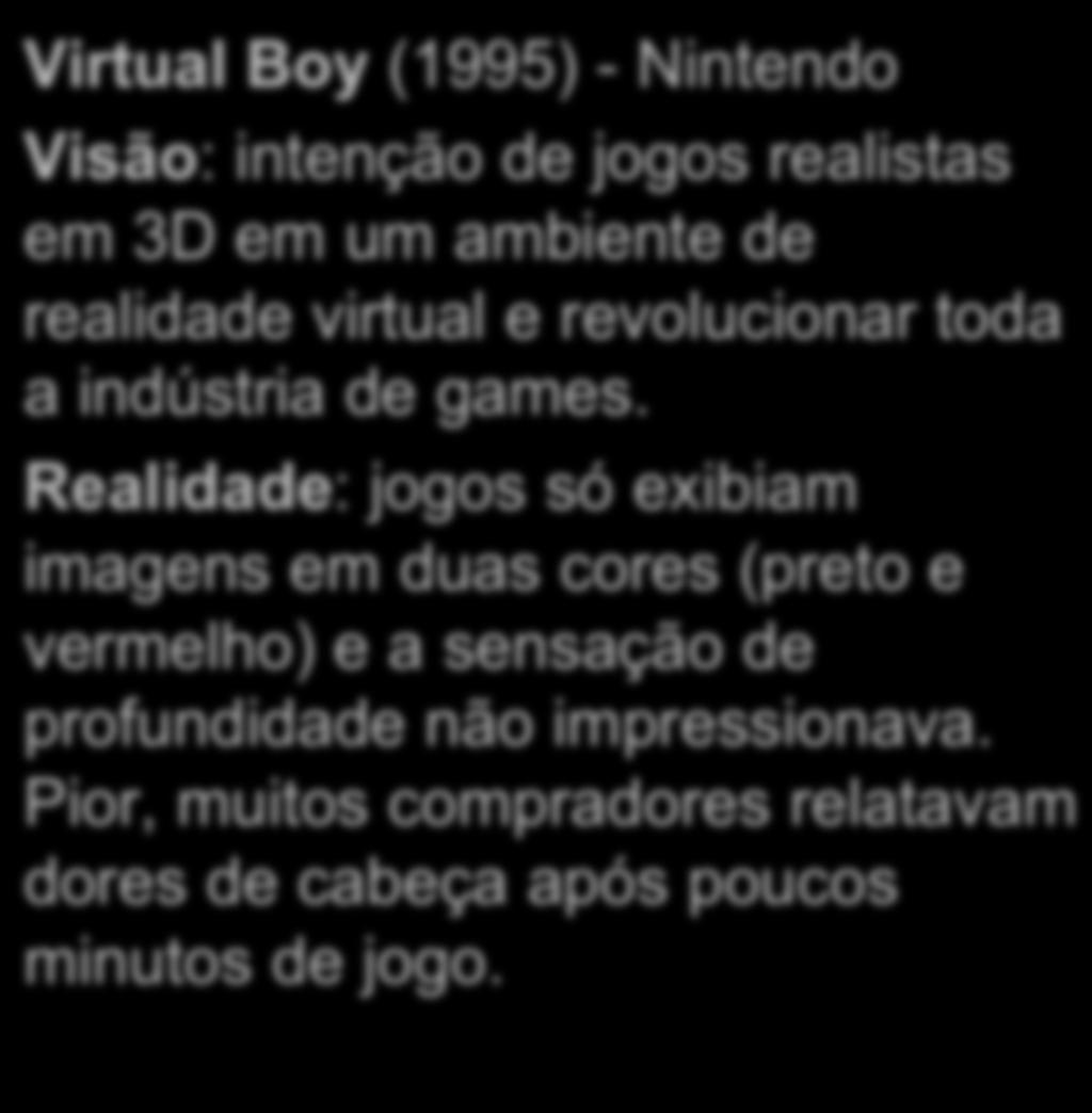 Exemplo: Avaliando Oportunidades Virtual Boy (1995) - Nintendo Visão: intenção de jogos realistas em 3D em um ambiente de realidade virtual e revolucionar toda a indústria de games.
