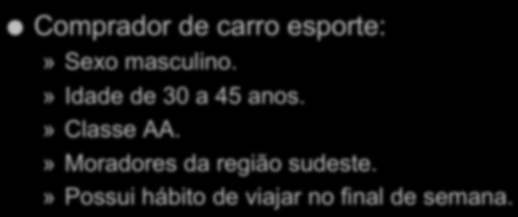 Exemplo de Segmentação Comprador de carro esporte:» Sexo masculino.» Idade de 30 a 45 anos.