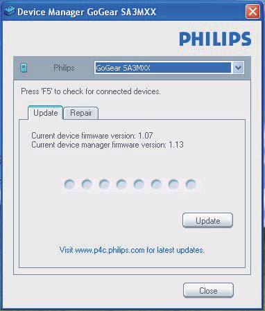 8 Atualize o firmware por meio do Philips Device Manager» Quando o dispositivo está conectado, a mensagem "SA4MINXX" é exibida na caixa de texto.