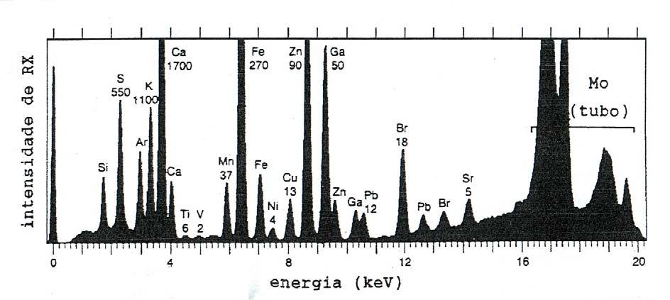 A figura 3.2 mostra um espectro de raios X para amostra de água pluvial. Figura 3.2 Espectro de raios X de uma amostra de água pluvial empregando a TXRF. As concentrações estão em ng.