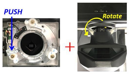 Remover a lente UST Siga os passos abaixo para remover a lente UST: 1. Pressione o botão de liberação da lente. 2. Gire a lente no sentido anti-horário por um quarto e solte a lente UST.