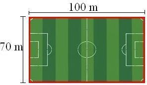 Exemplo 2: O perímetro de um campo de futebol é o seu contorno (em vermelho).
