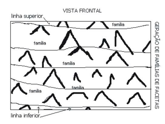 Figura 2. Facetas triangulares e sua disposição em Famílias de Facetas (na horizontal) e um grupo de famílias (na vertical), constituindo assim uma Geração de Facetas (Ribeiro, 2003). Figura 3.